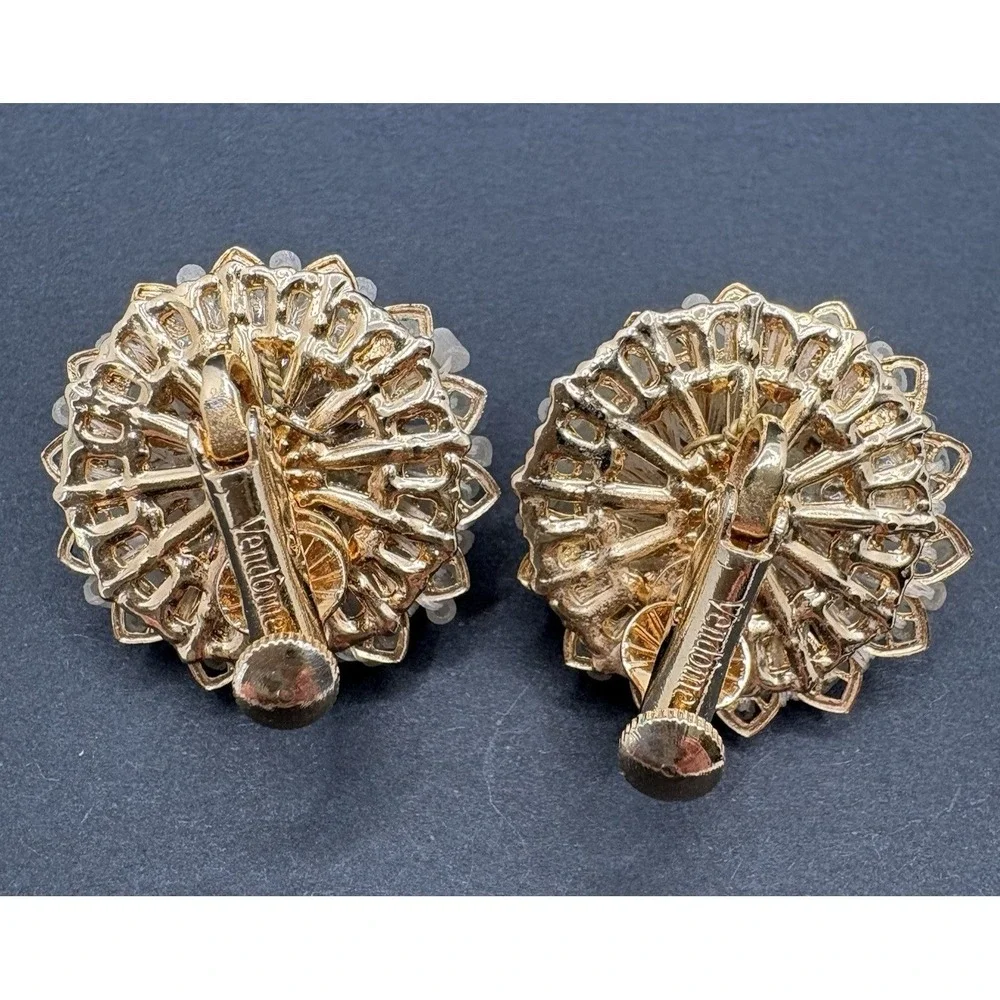 Vintage Vendome White‎ Cluster Beaded Floral Clip On Earrings Gold Tone MCM